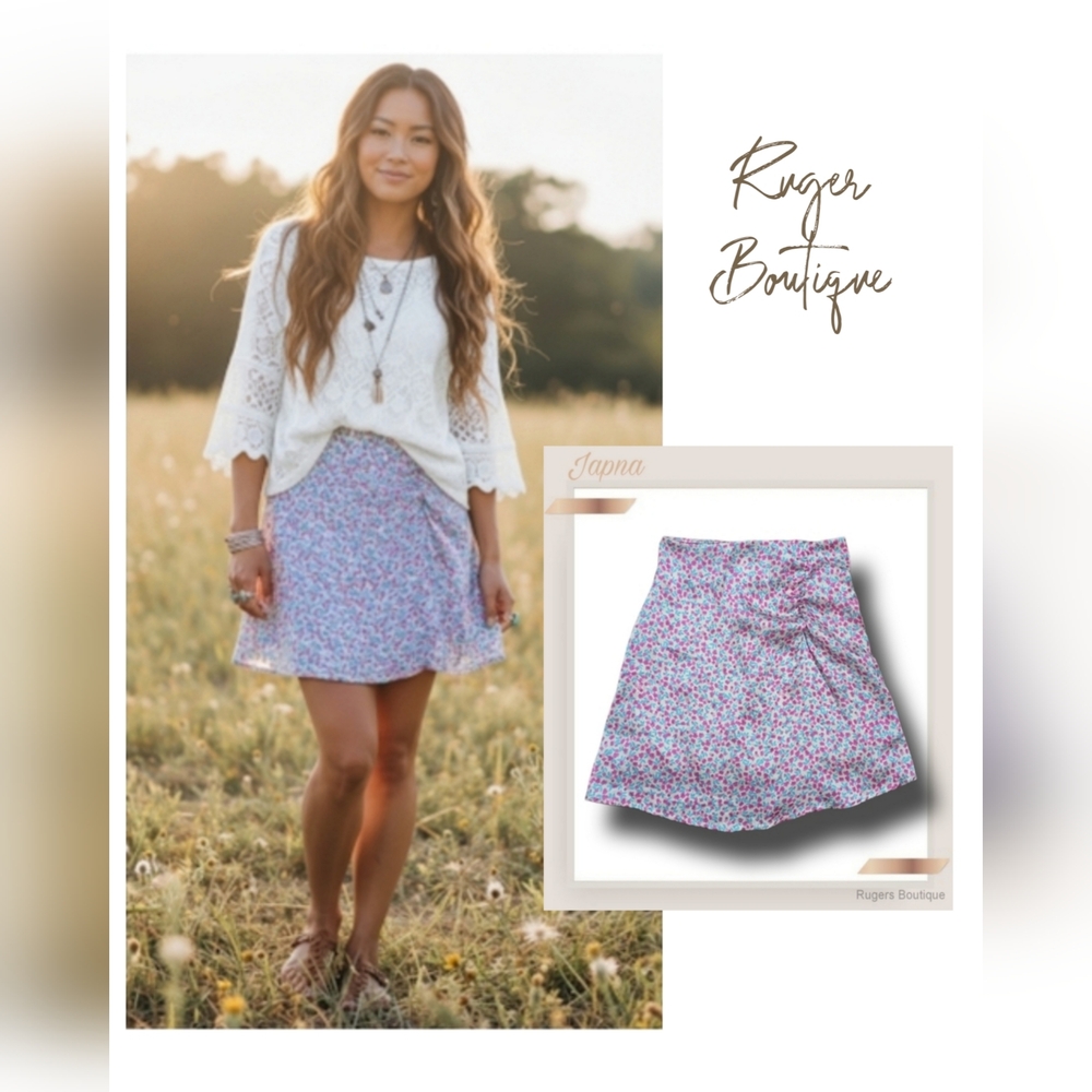 🌿Japna Women's Small Floral High Waisted Rutched Detail Mini Skirt